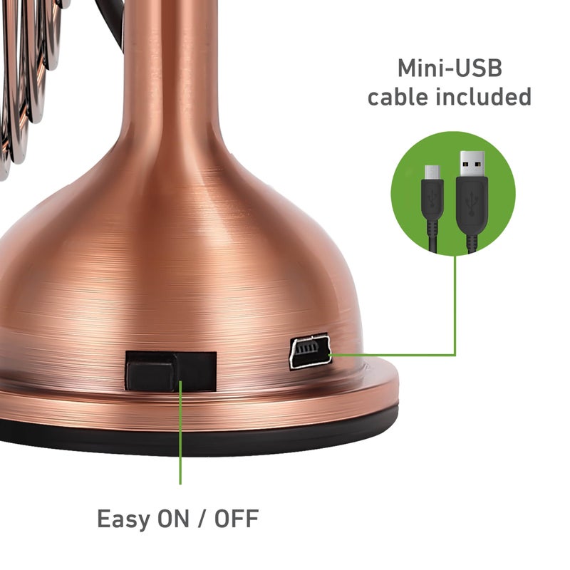 HOLMES 4" Mini Heritage Desk Fan, USB-Powered, Single Speed, 4 Blades, Adjustable 100Â° Head Tilt, Metal Construction, Ideal for Home, Dorm Rooms, Bedrooms, Office or Travel, Vintage Brushed Copper - Image 3